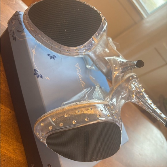 Pleaser Beige Suede Platform Heels with Clear Straps - Picture 3 of 3